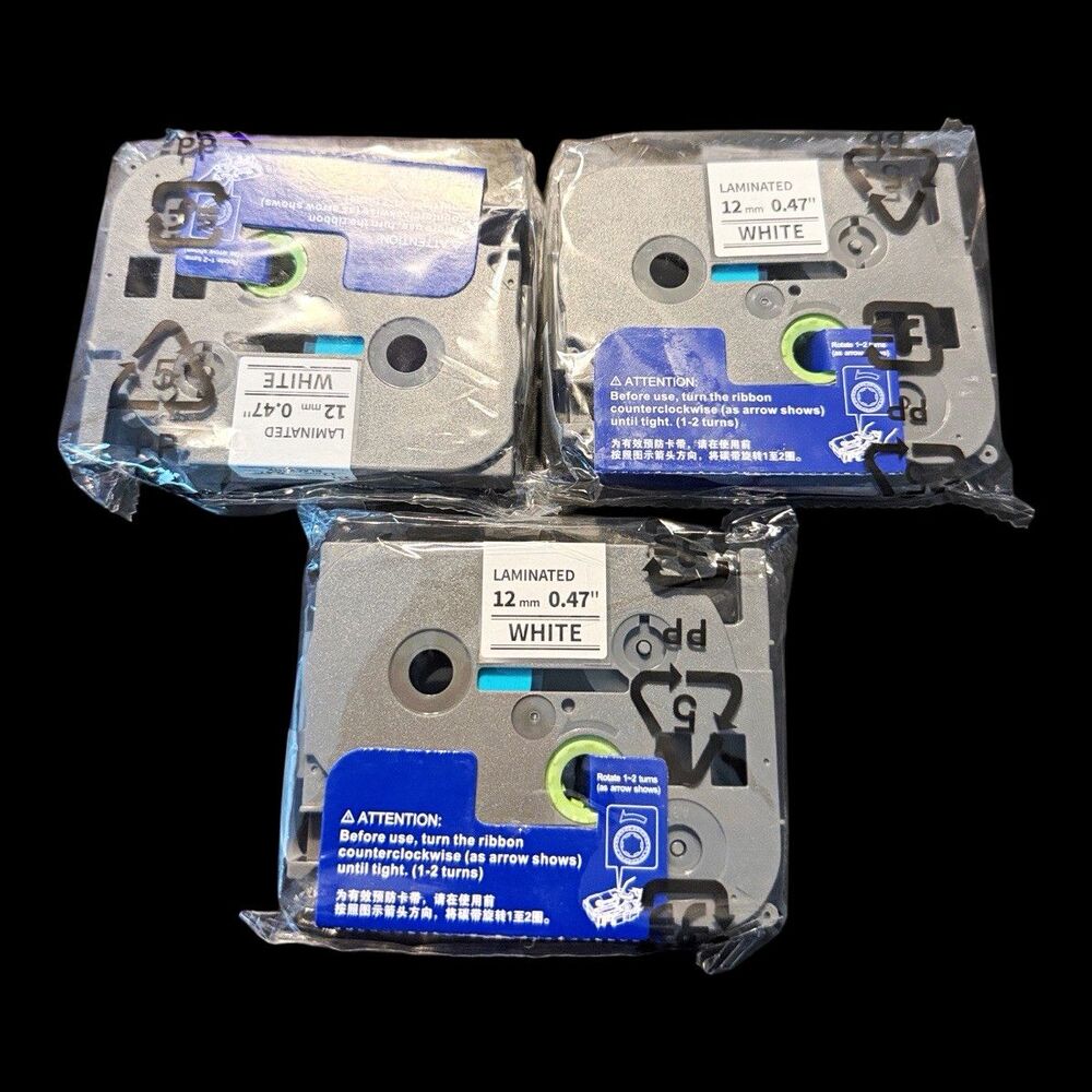 Laminated Label Tape Cartridges 12mm (0.47in) White/Black Thermal Lot of 3
